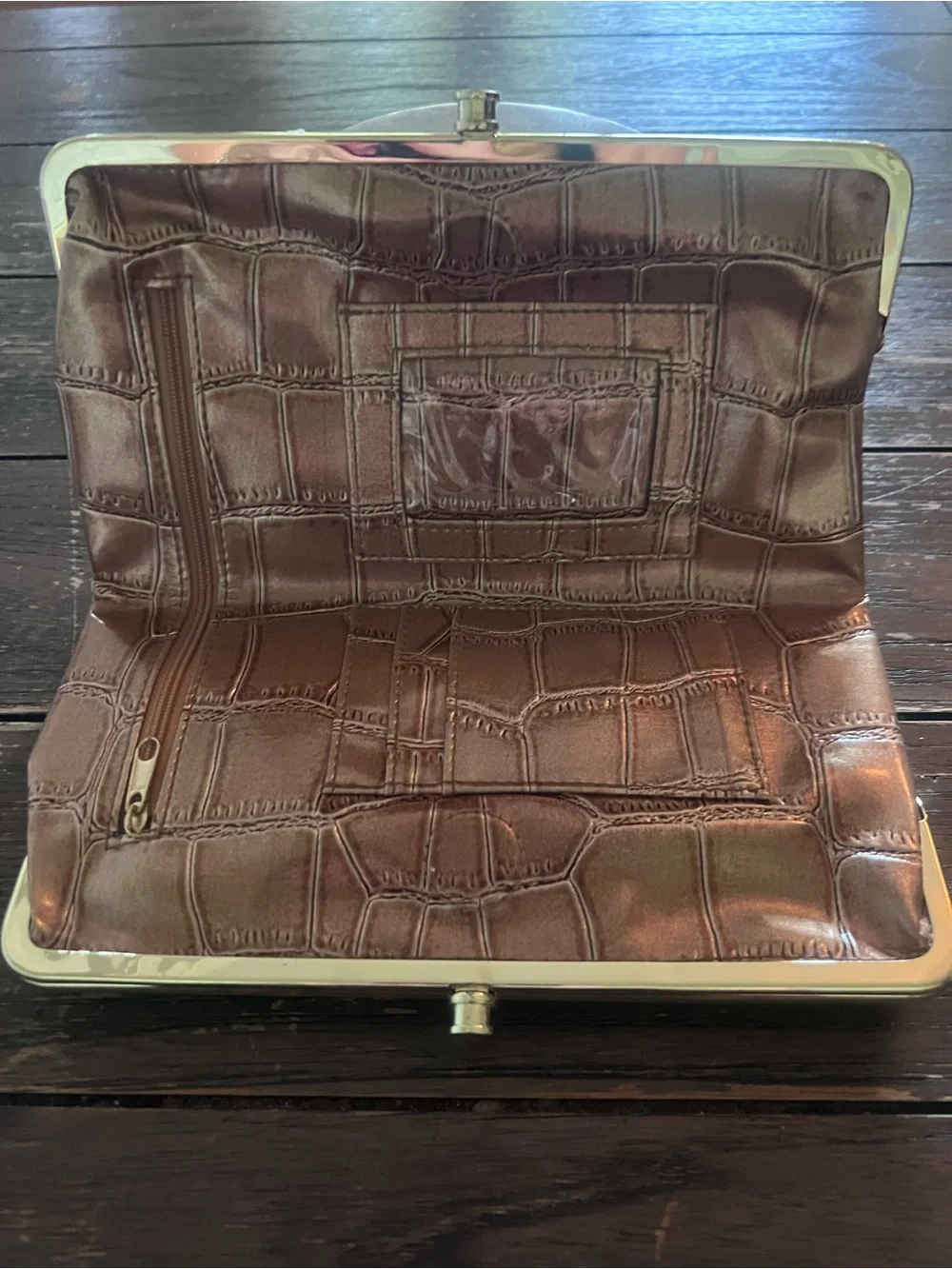 Metallic Bronze Croc-Embossed Frame Clutch by Braciano, like new!